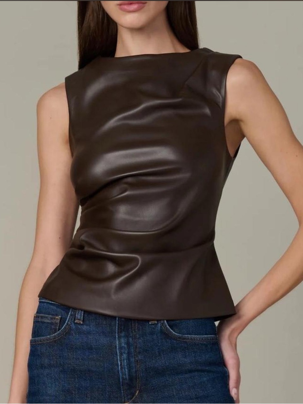 Sleeveless Faux Leather Peplum Top in Dark Brown